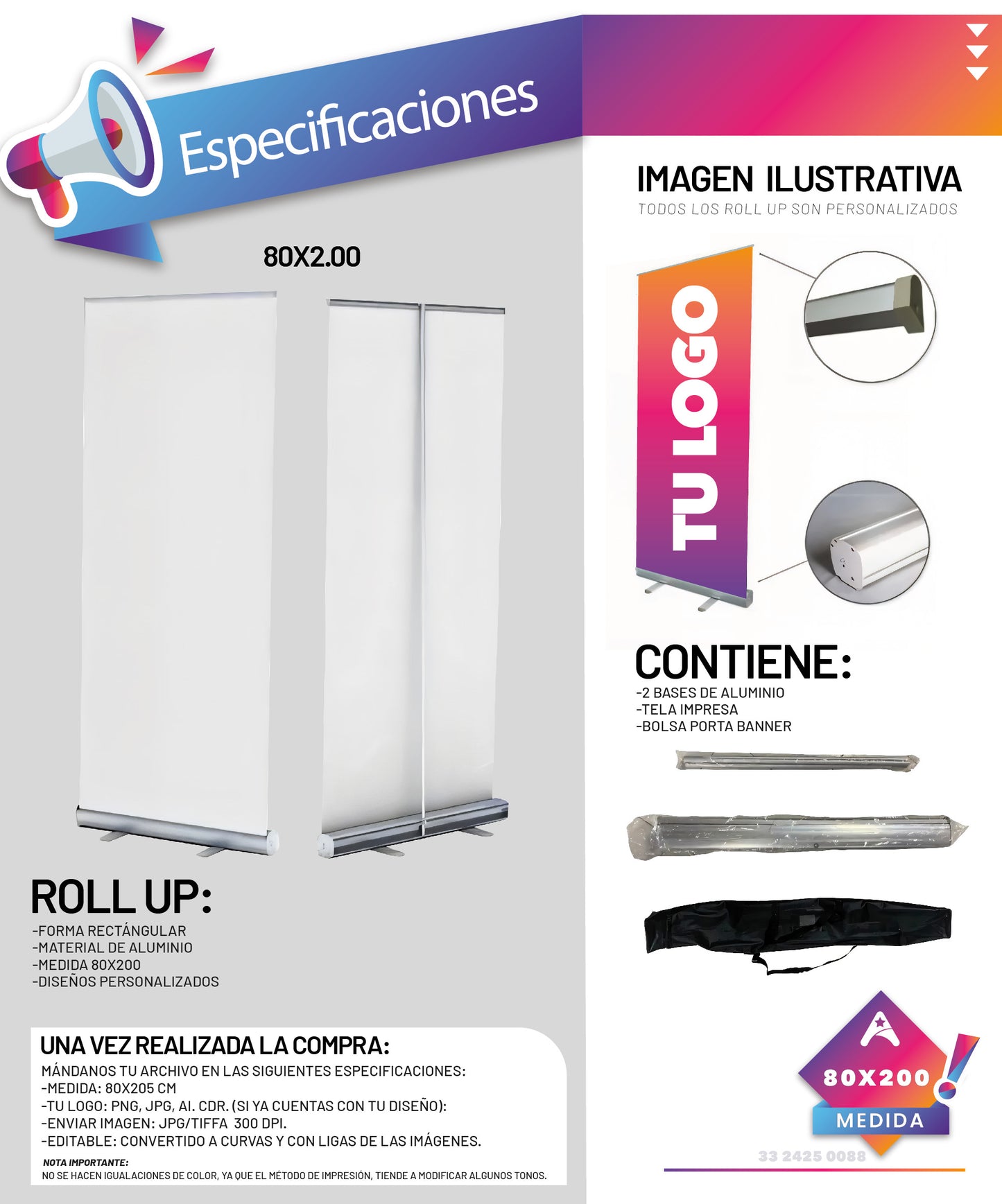 Roll Up Banner 80 X 2 Mts En Tela Sublimada. Enrollable
